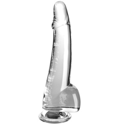 Dildo transparente com base ampla circular e detalhes realistas.
