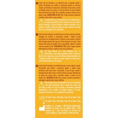 Rótulo laranja de embalagem com texto informativo e advertências em espanhol