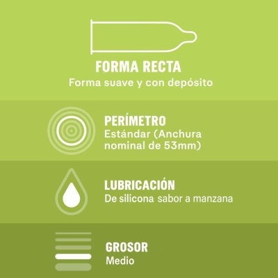 Informações em espanhol sobre preservativo com forma recta, perímetro 53mm, lubrificação de silicone sabor a maçã e grosso médio.