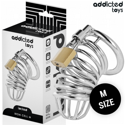 Dispositivo metálico com mola e cadeado em embalagem com texto Addicted Toys.