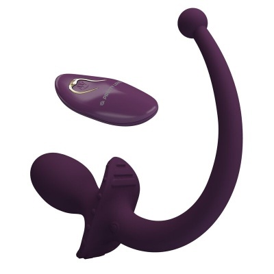 Estimulador de silicone roxo com controle remoto em fundo branco