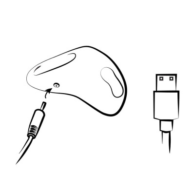 Desenho a preto e branco de um rato de computador com entrada para cabo e cabo USB próximo