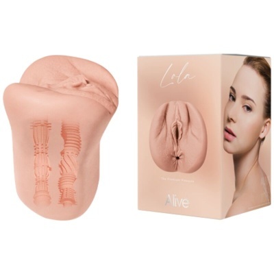 Produto de silicone cor pele com embalagem creme e foto de mulher.