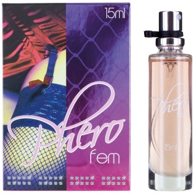 Frasco de perfume Phero fem 15ml ao lado da embalagem roxa com imagem de lingerie.