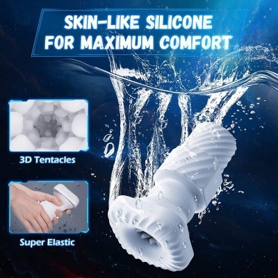 Produto em silicone branco com tentáculos 3D e elasticidade mostrada em ambiente aquático
