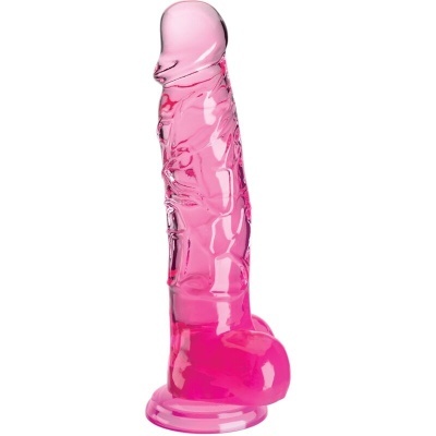 Dildo rosa transparente com textura veia e base arredondada