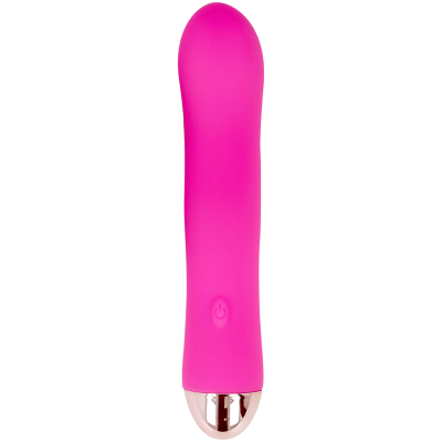 Vibrador rosa em silicone com base prateada e botão frontal em fundo branco