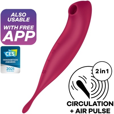 Produto vibrador vinho com controles e símbolos, texto sobre app grátis e prémio CES