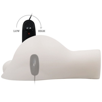 Massajador elétrico branco com controlo preto e botão cinzento