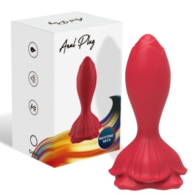 Plug anal vermelho de silicone com embalagem branca e detalhes coloridos