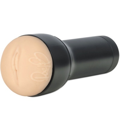 Dispositivo masculino preto com ponta de silicone cor pele simulando uma boca