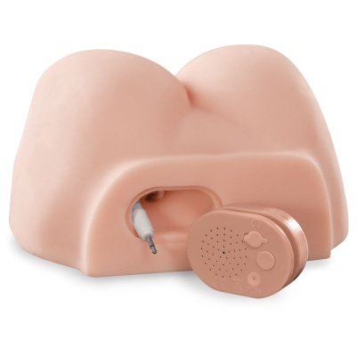 Produto em silicone cor bege semelhante a glúteos com controlo remoto cor bege e cabo branco