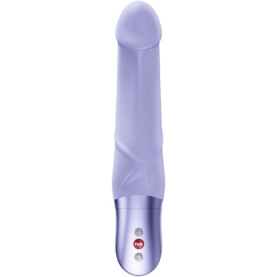 Vibrador lilás com base metálica prateada e botões