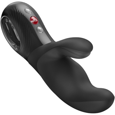 Vibrador preto em silicone com botões e texto FUN