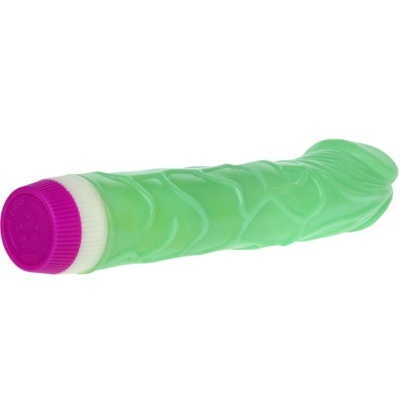 Vibrador verde translúcido com tampa roxa e textura ondulada