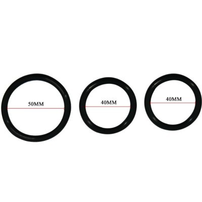 Três anéis pretos com diâmetros 50MM e 40MM indicados
