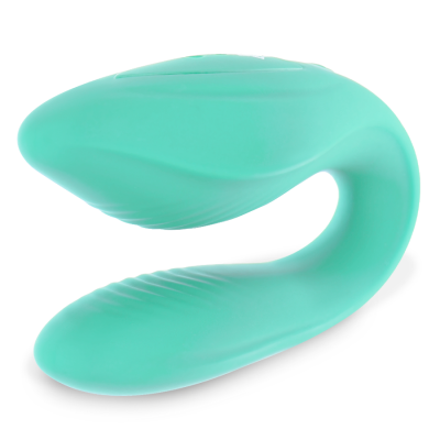 Dispositivo azul turquesa em silicone com design curvo e texturas suaves.