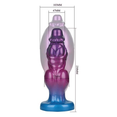 Escultura colorida em gradiente roxo e azul com medidas indicadas