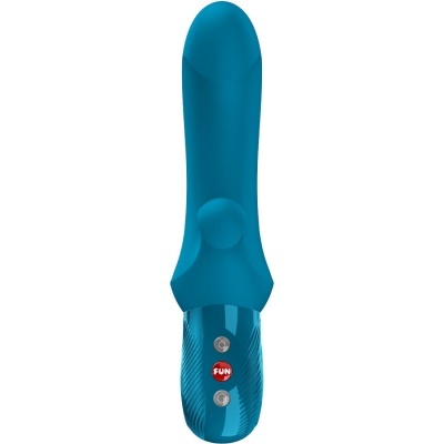 Vibrador azul em silicone com botões FUN e prateados