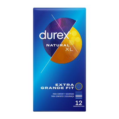 Embalagem de preservativos Durex Natural XL azul e roxa com texto em branco