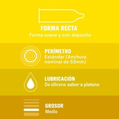 Descrição das características de um preservativo com forma recta, perímetro de 53mm, lubrificação sabor banano e grosso médio