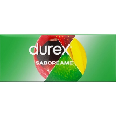 Caixa de preservativos Durex Saboreame com design colorido e texto branco