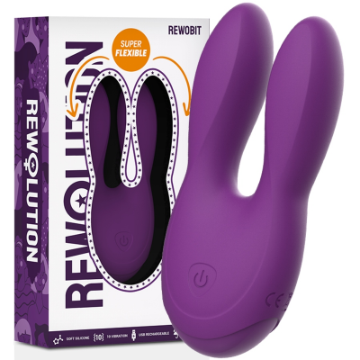 Dispositivo roxo de silicone em forma de coelho ao lado de embalagem branca e roxa do produto REWOLUTION.