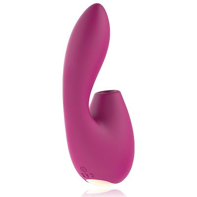 Vibrador rosa escuro com base branca e ícones de controlo
