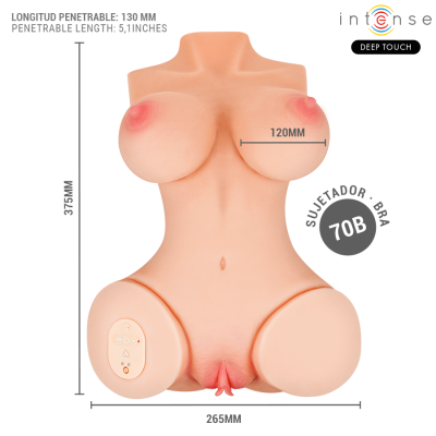 Torso feminino em tom pele com seios, umbigo e órgãos genitais, controle eletrônico e medidas impressas.