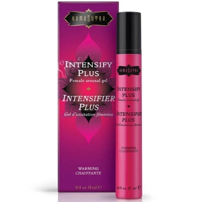 Gel de excitação feminina Intensify Plus em embalagem rosa e roxa com texto em inglês e francês