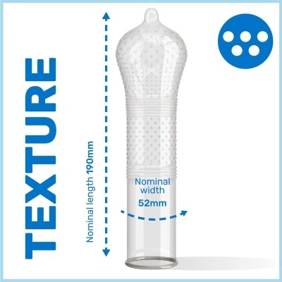 Preservativo transparente com textura de pontos e dimensões nominais indicadas