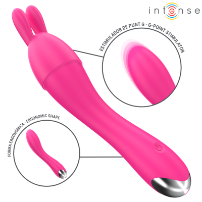 Vibrador rosa ergonómico com estimulador do ponto G e detalhe metálico na base
