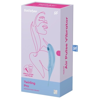 Embalagem lilás e rosa de vibrador híbrido azul da marca Satisfyer com ilustração de mulher e texto explicativo.