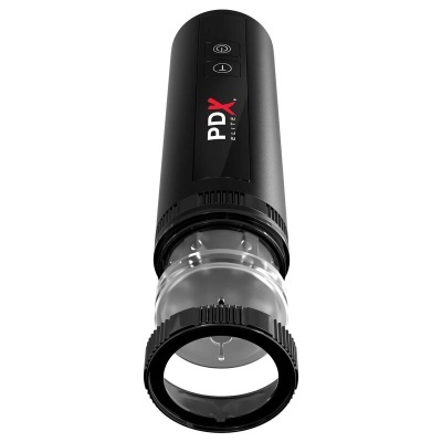 Dispositivo preto cilíndrico com texto PDX ELITE X e botão de controlo