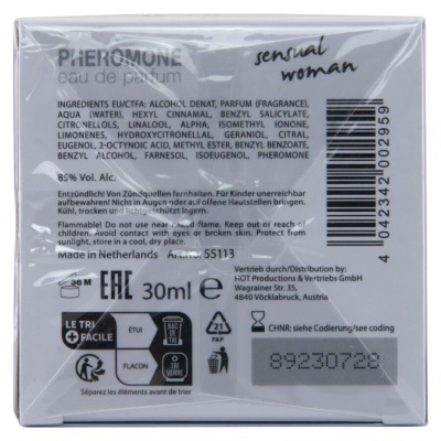 Embalagem de perfume com texto PHEROMONE eau de parfum sensual woman e informações de ingredientes e segurança