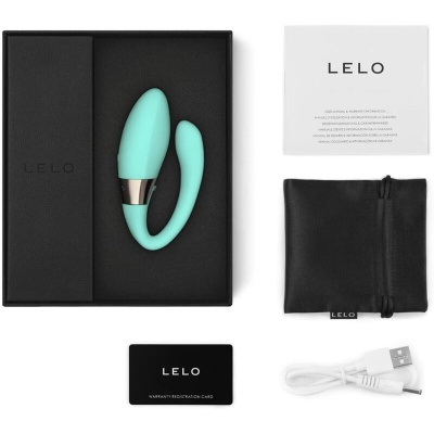 Conjunto de vibrador azul claro, bolsa preta, cabo USB, cartão e manual LELO