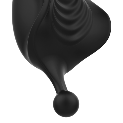Objeto preto brilhante com formato alongado e base esférica sobre fundo branco