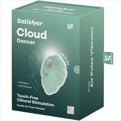 Embalagem verde do vibradorSatisfyer Cloud Dancer com texto e imagem do produto