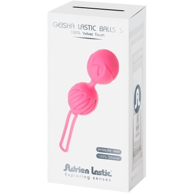 Caixa branca do produto Geisha Lastic Balls com texto e imagem das bolas rosas