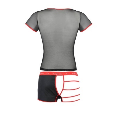 Conjunto de roupa interior masculinas com t-shirt preta semitransparente e boxers bicolores preta e branca com riscas vermelhas