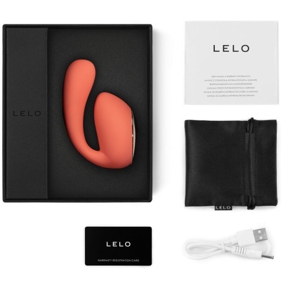 Conjunto LELO com vibrador laranja, saco preto, cartão garantia e cabo USB branco