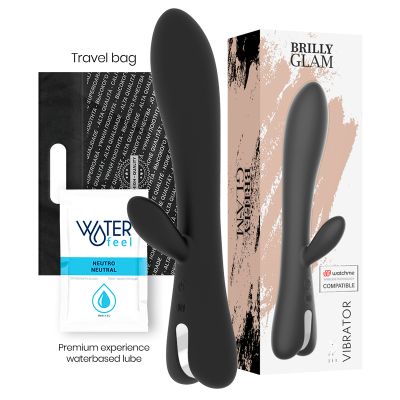 Vibrador preto Brilly Glam com embalagem, saquinho de viagem preto e lubrificante water feel neutro.