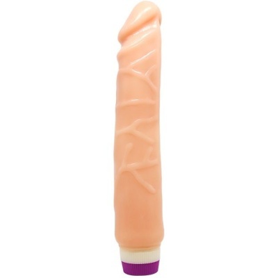 Vibrador cor pele com veias em relevo e base roxa