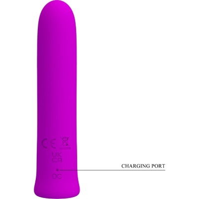 Vibrador roxo de silicone com texto e indicação de porta de carregamento