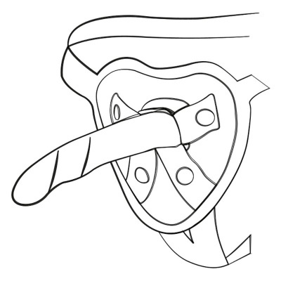 Desenho a preto e branco de arnês ajustável visto de lado