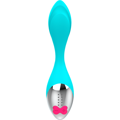Vibrador azul com base cromada e botão rosa em forma de laço