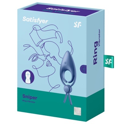 Embalagem azul do anel vibrador Satisfyer Sniper com ilustração estilizada