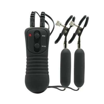 Controlo remoto preto com botões e dois grampos com pontas de silicone preto