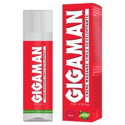 Frasco e caixa vermelhos de creme GIGAMAN com texto branco