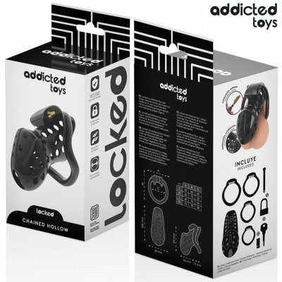 Embalagem do produto Locked Chained Hollow da addicted toys com acessórios e imagem do dispositivo preto